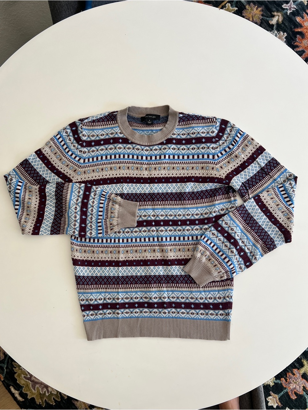 Ann Taylor Multicolor Fair Isle Crewneck Sweater — Beige, Light Blue & Burgundy